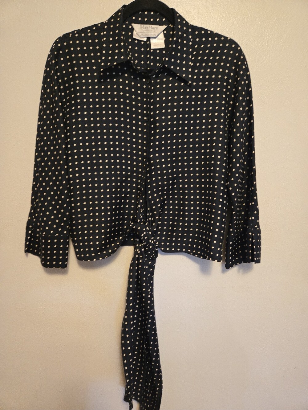 Max Mara 100% Silk Black Polka Dot Tie Front Blouse 10